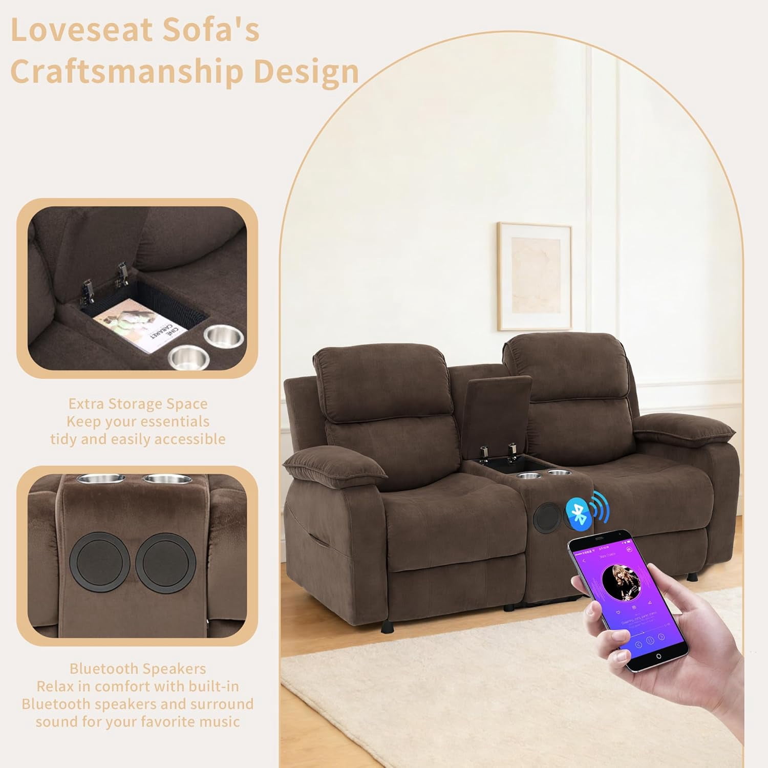 Electric Reclining Loveseat Sofa with 8-Point Vibration Massage, Bluetooth Speakers, Storage Console and Cup Holders for Living Room & Home Theater (Brown, Loveseat with Console)