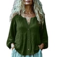 thumbnail image 2 of Fengqque Womens Long Sleeve V-neck Tops Cotton Linen Shirts Casual Loose Fit Blouses Boho Fashion Army Green L(L), 2 of 6