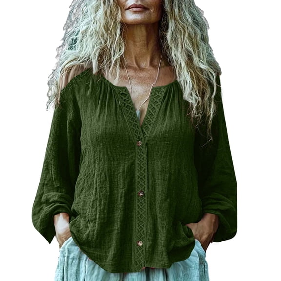 Staron Spring Summer Fall Linen Shirt for Women V-Neck Button Down Short Sleeve Casual Loose Blouse Top, Army Green S