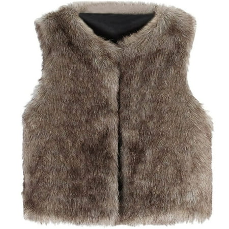 

BIZIZA Toddler Vest Open Front Sleeveless Tops Faux Fur Solid Color Thicken V-Neck 1-7Y Chlid Baby Brown S