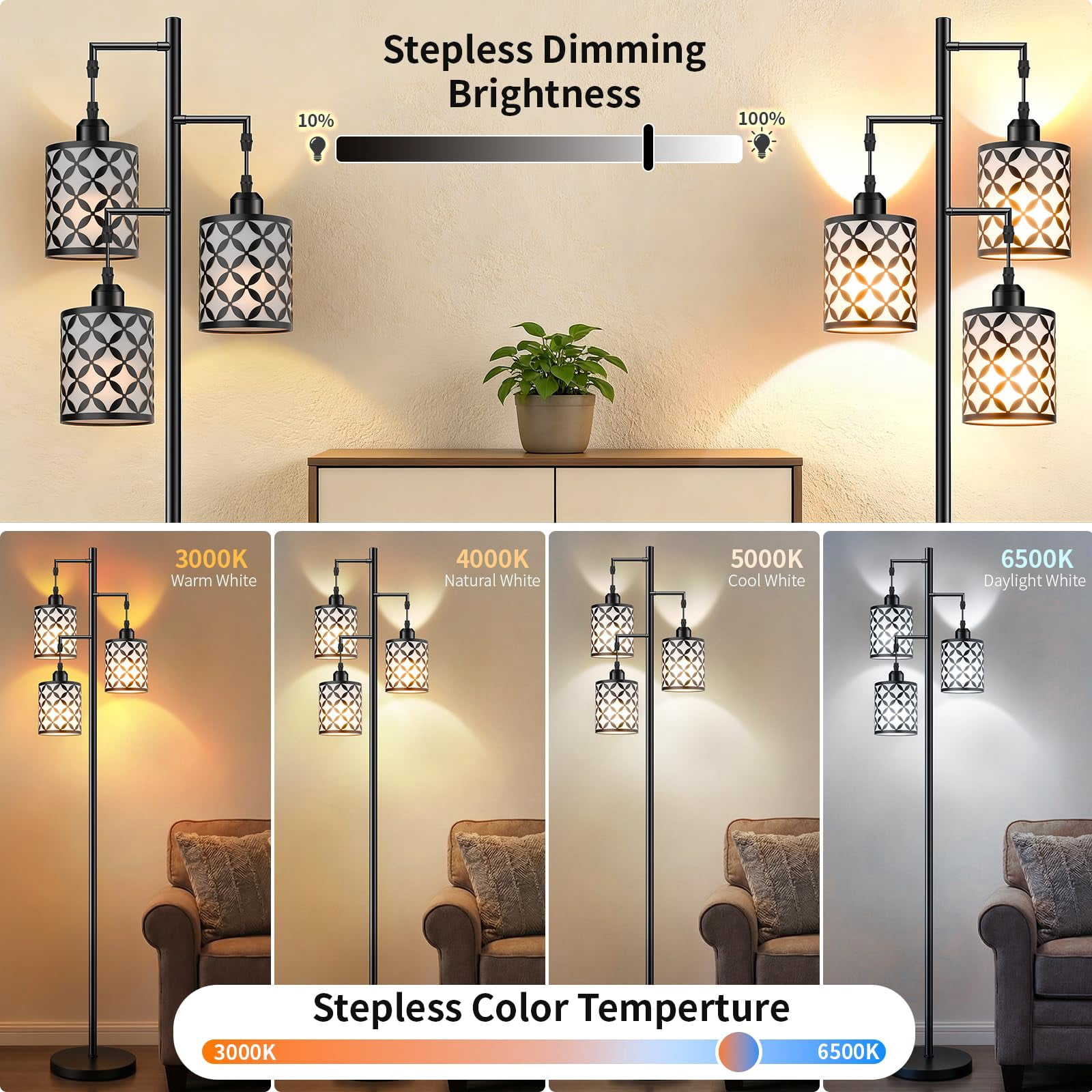 72" Dimmable Floor Lamp with Remote, 3 LED Bulbs Included, Industrial Tree Pole for Living Room