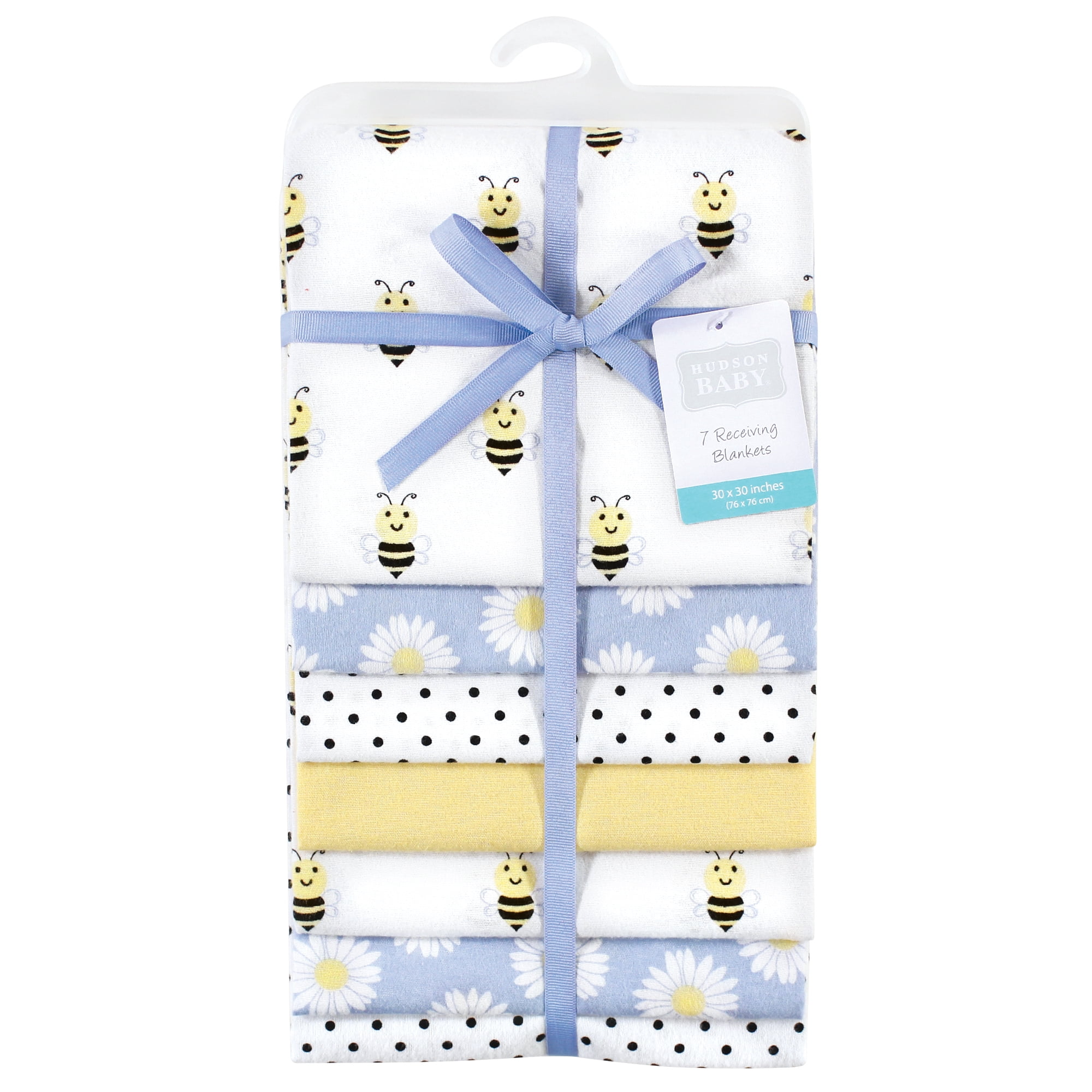 Little Treasure Hudson Baby Girls Cotton Poly Flannel Receiving Blankets 7-Pack, Yellow Daisy Bee, 30x30 inches