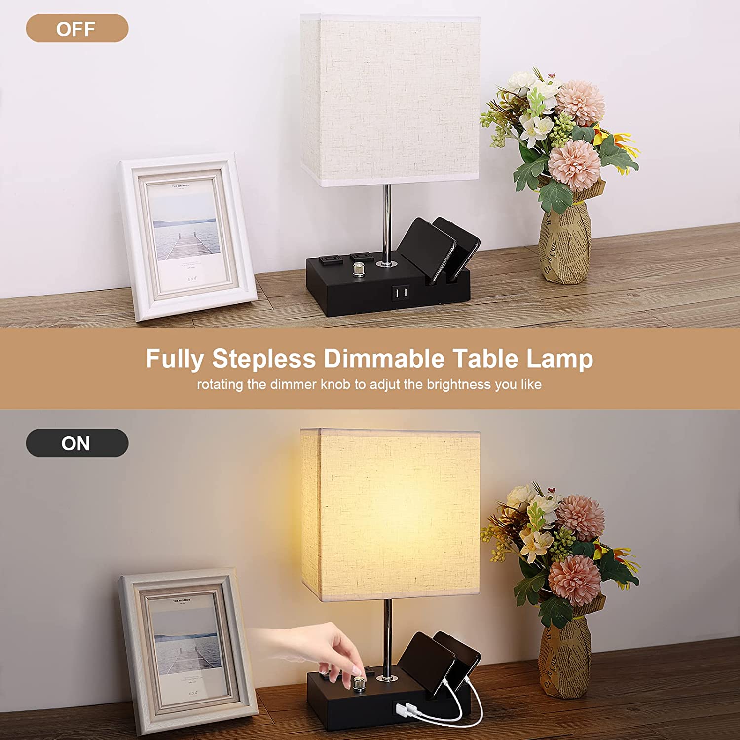 Gped Bedside Table Lamp with USB Ports, Beige photo 8