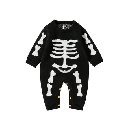 

Licupiee Infant Baby Boys Halloween Jumpsuit Long Sleeve Crew Neck Skeleton Print Romper Casual Knitted One-piece