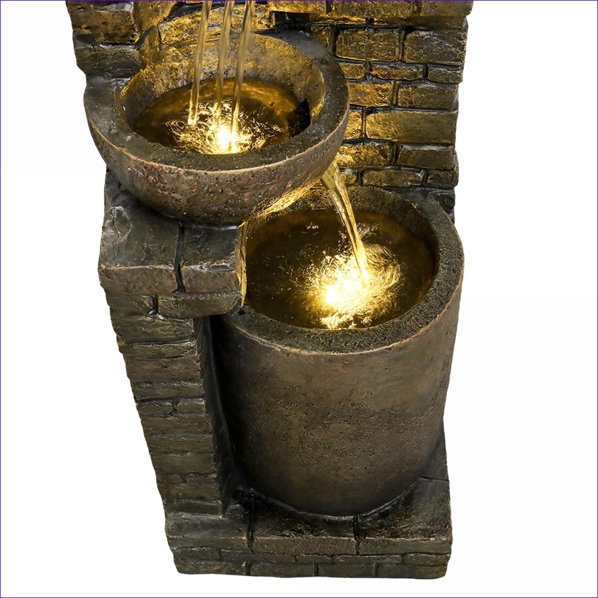 Fountains 38.2" H Outdoor Stacking Fountain for Garden Patio, with LED Lights & Built-in Pump | Resin | Walnut Brown