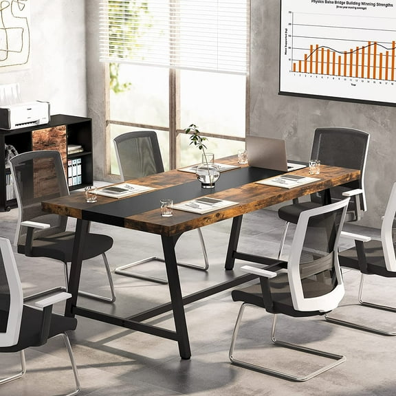 Tribesigns 6-Seater Conference Table, 70.87"L Vintage Wood Executive Desk with Strong Metal Frame for Meeting Room, Rustic Brown