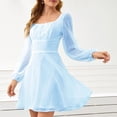 thumbnail image 4 of Vestido de cintura alta con mangas largas y malla para mujer, color sólido, multicapa, con cierre en la espalda, estilo azul claro M, 4 of 6