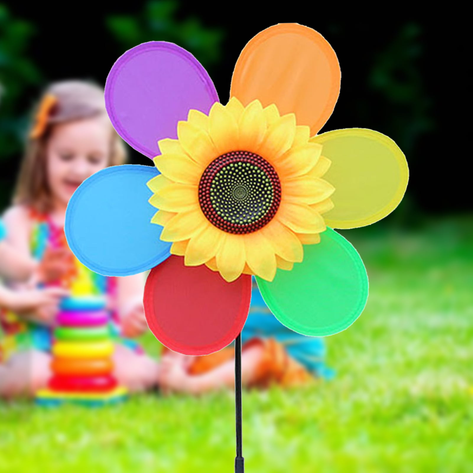 Smile Sunflower Windmill Wind Spinner Wood Handle Kids Toy Lawn Garden Yard Deco 