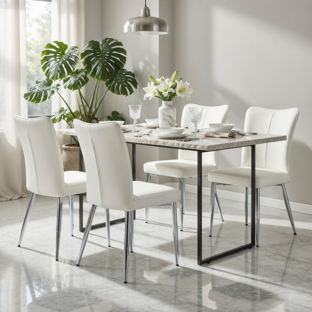 Hommoo Modern Minimalist Dining Chairs Set of 6, PU Leather with Ergonomic Curved Backrest & Electroplated Metal Legs for Kitchen, Dining Room, Living Room & Bedroom, White