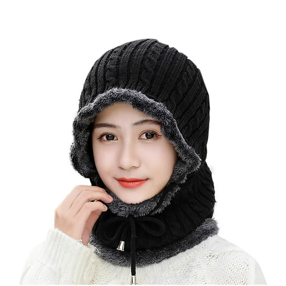 WREESH Women's Color Blocking Beanie Add Velvet Fleece Pulling Eope, Warm and Windproof Woolen Yarn Neck Scarf Hat Black
