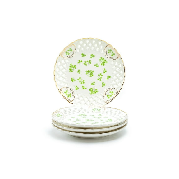 Grace Teaware Set of Four 7.5" Shamrock Fine Porcelain Dessert Salad Plates with Pierced Design