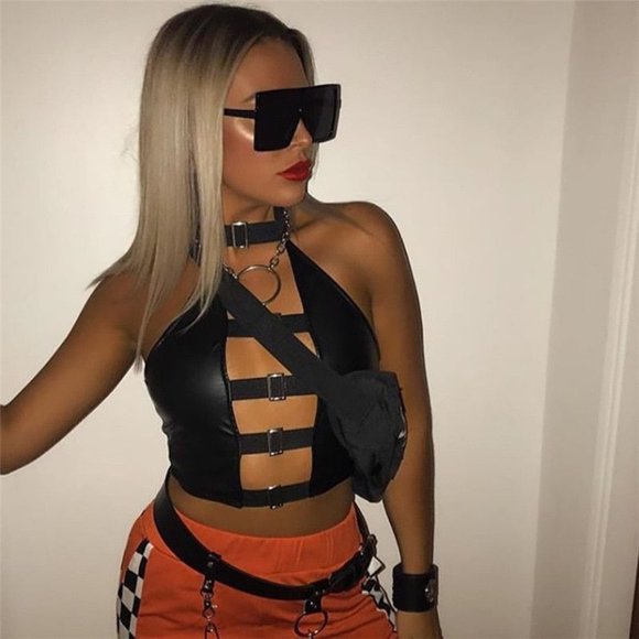 Women Club Wear Rave Outfit Festival Clothing Backless Halter Tank Top Buckle Sexy Crop Top