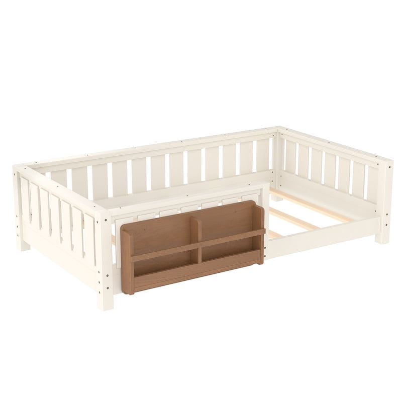 Bellemave Twin Size Floor Bed with Bookshelf, Wood Montessori Beds with Slats and Safety Guardrail, Low Profile Twin Bed Frame with Fence, No Box Spring Needed (Beige)
