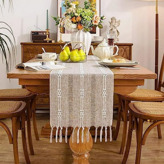 Zhuge Farmhouse Table Runner, Rustic Table Runners with Tassels, Cotton Linen Boho Table Runner, Braided Striped Table Runner 13inch x 72inch