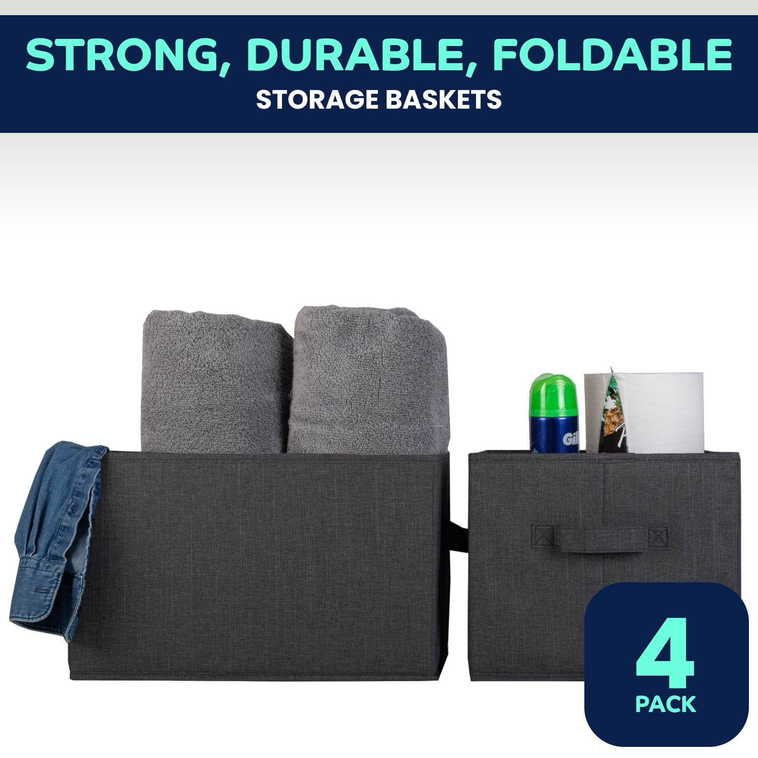 Pomatree Storage Basket - 4 Pack - Fabric Foldable Storage Baskets for Shelves (Black)