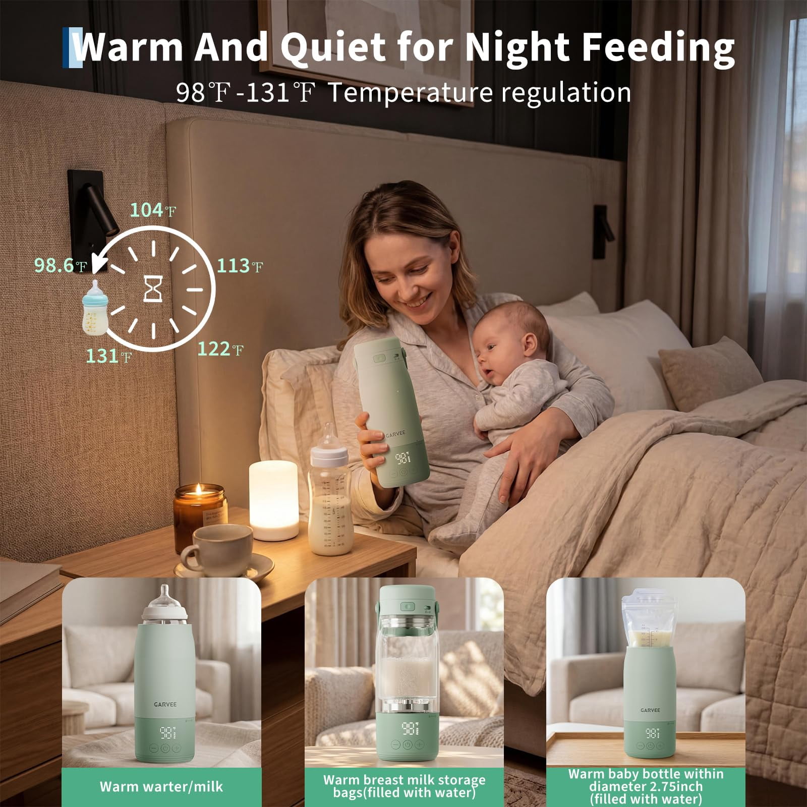 Portable Bottle Warmer for Travel, Baby Milk Warmer with LED Display, 1℉ Precise Adjust, Dishwasher Safe, USB-C Rechargeable, 17oz, 316 Stainless Steel, Thaw, Keep Warm, for Breastmilk Formula