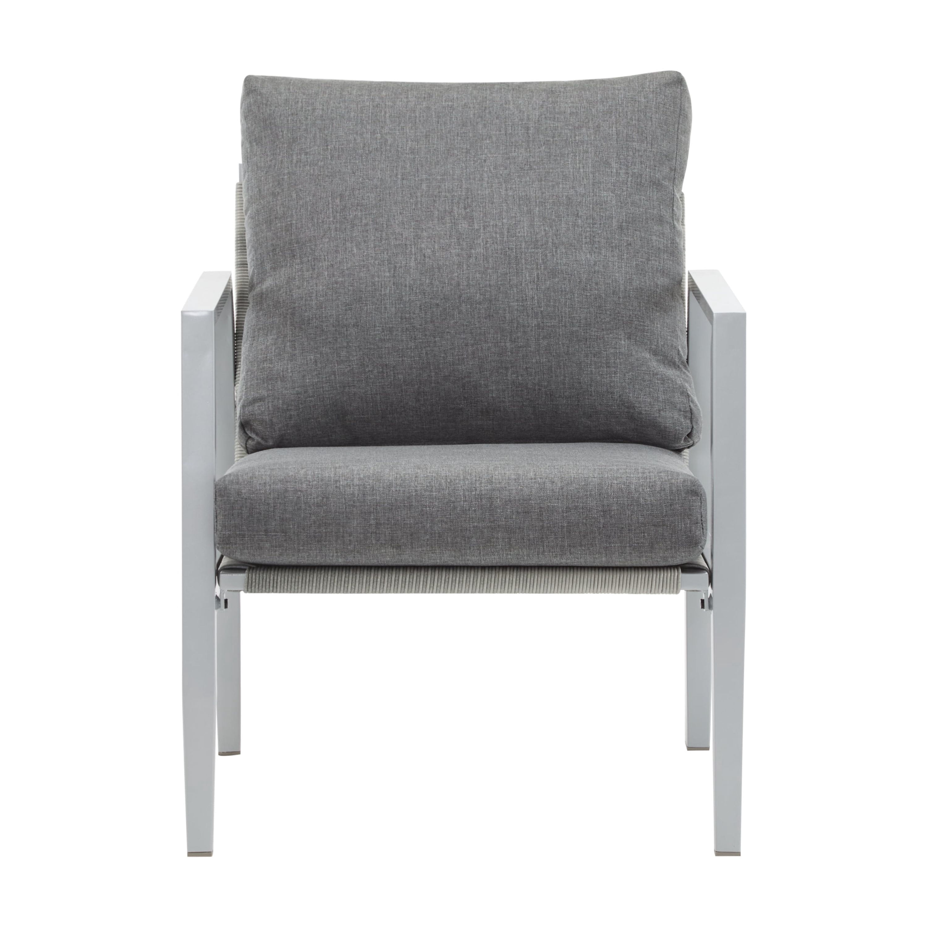 Accent Lounge Chair, Silver Aluminum Chair with Sleek Rope Details and Comfort Cushions for Patio, Silver and White