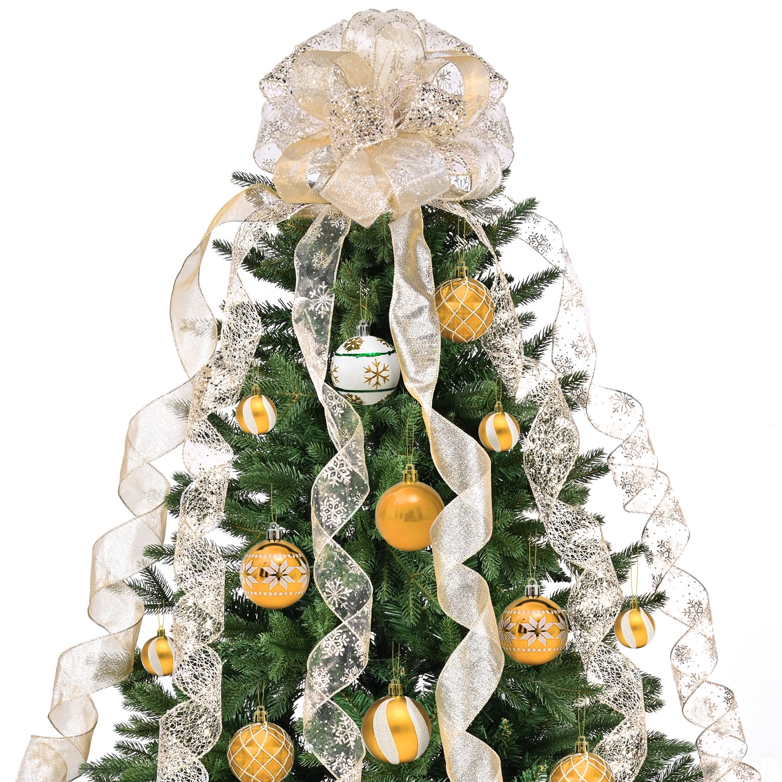 LoomJoyz Christmas Tree Topper Bow Champagne Gold Glitter 11 Inch, 6 Streamer Tails, 3 Yards Long For Party Home Holiday Decoration