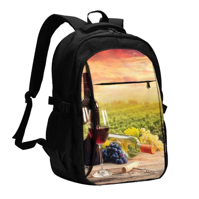 Balery Red Wine Glasses Mochila con carga USB para hombre y mujer - Mochila impermeable y antirrobo para portátil con puerto USB para viajes, trabajo, estudios y universidad