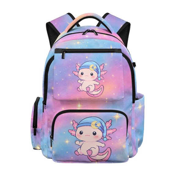 FUIALDOLG Cartoon Sleepy Axolotl with Starry Gradient Background School Backpack with Waterproof, Multi-Pockets Lightweight 17 Inch School Bag for Daily Use Travel