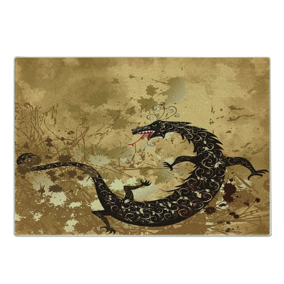 Dragon Cutting Board, Reptile Dragon Grunge Floral Ornate Retro Image, Decorative Tempered Glass Cutting and Serving Board, Small Size, Pale Caramel Sand Brown, by Ambesonne