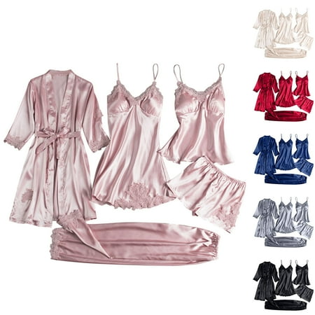 Fall Savings Clearance! TAGOLD Pajamas for Women 5 Pieces Satin Floral Lace Camisole Top Lingerie Pajama Set with Robe Navy L