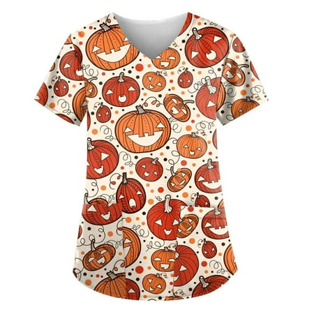 

Women Scrubs Top Nurses Clothing Working Uniform Top Care Workwears Short Sleeve V-Neck Pumpkin Printed Top Fashion T-Shirts