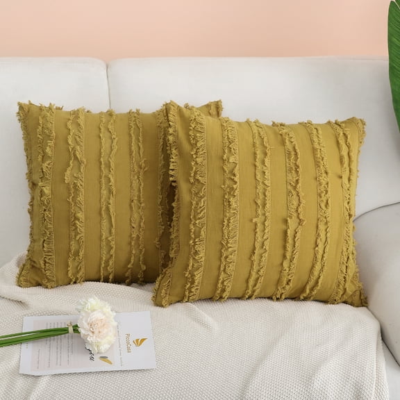 PiccoCasa 2Pcs Cotton Linen Decorative Cushion Covers Tassel Striped Throw Pillow Covers, Yellow 18"x18"
