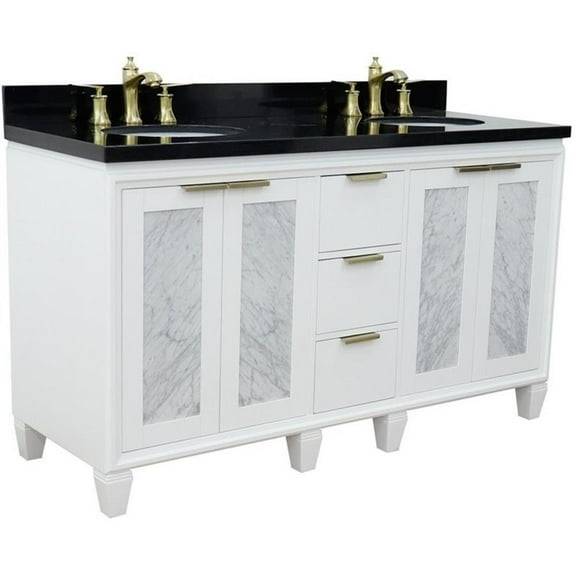 Trento 61" Double Oval Sink Solid Wood Vanity in White/Black Galaxy