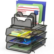 SHW 3 Stackable Document Trays w/ Step File Organizer, Black