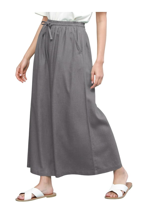 Women's Casual Loose Washed Linen Wide Leg Pants with Pockets and Drawstring XL GREY