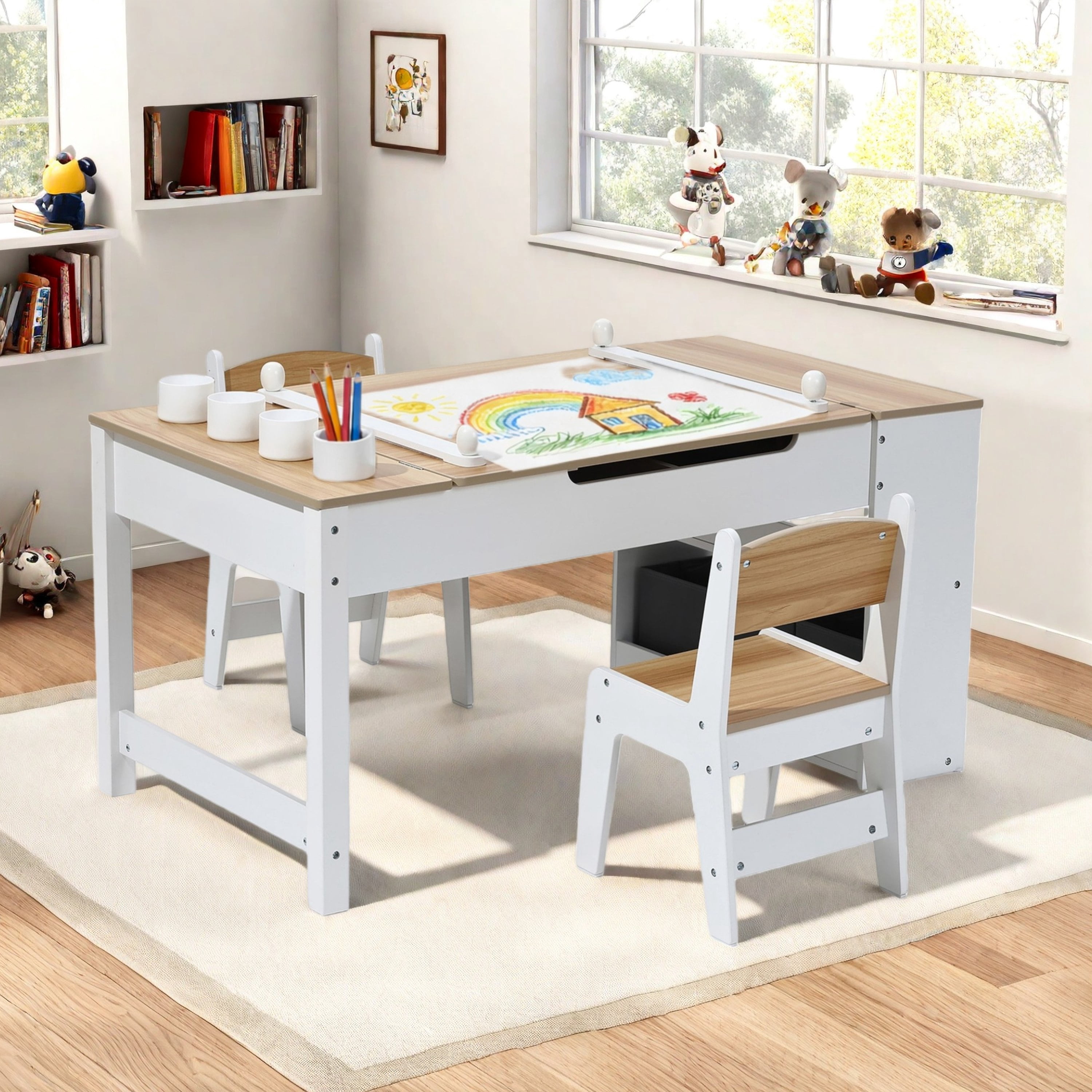 LuxenHome Activity Children Table with Storage Bookcase and 2 Chairs Set