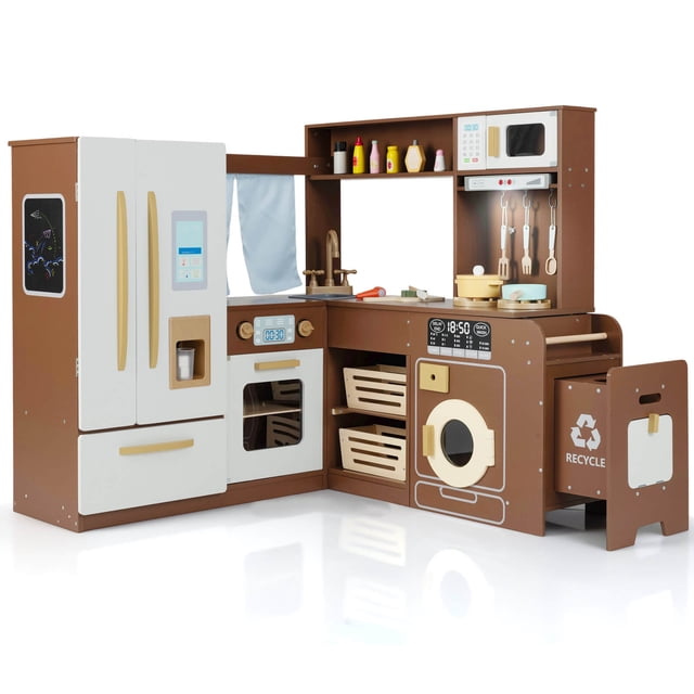 Costway Corner Play Kitchen with Lights & Sounds Wooden Toy Kitchen Set Storage for Ages 3+ Brown
