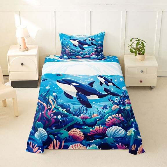 spefrowx Marine Orca Twin Sheets for Kids Boys Girls, Blue Vibrant Coral Reef Bedding, 3 Pieces, 1 Flat Sheet, 1 Fitted Sheet and 1 Pillowcase