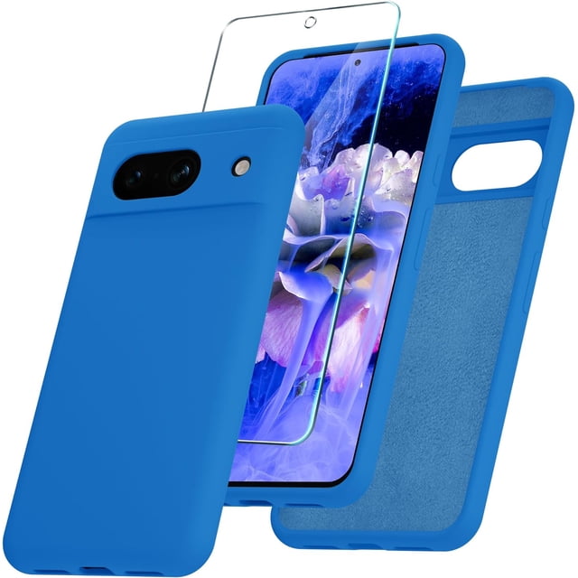for Google Pixel 8a Case, Silicone Phone Case with 1 Screen Protector, Soft Anti-Scratch Microfiber Lining, Full Body Shockproof Slim Cover Support Wireless Charging, Blue
