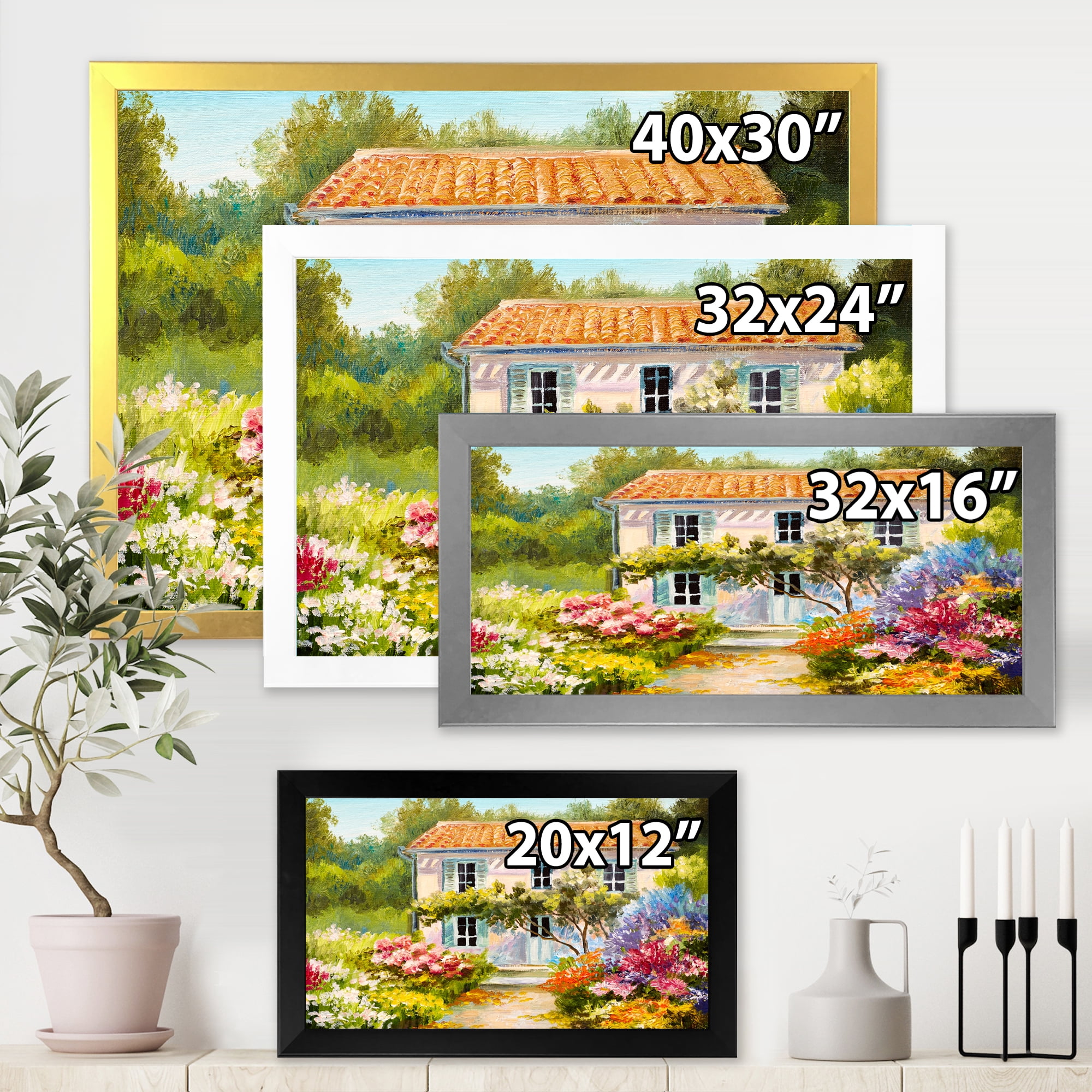 Designart 'The Mountain With Flowers With Little House II' Traditional Framed Art Print
