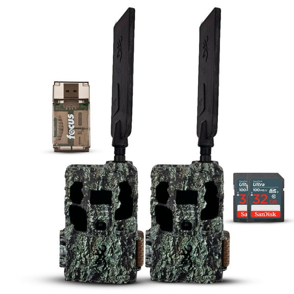 Browning Trail Camera Defender Pro Scout Max HD Cellular Trail Camera with Smart IR Video (2-Pack) Bundle with 32GB Ultra SDHC UHS-I Memory Card (2-Pack) and High Speed USB 2.0 Card Reader (3 Items)