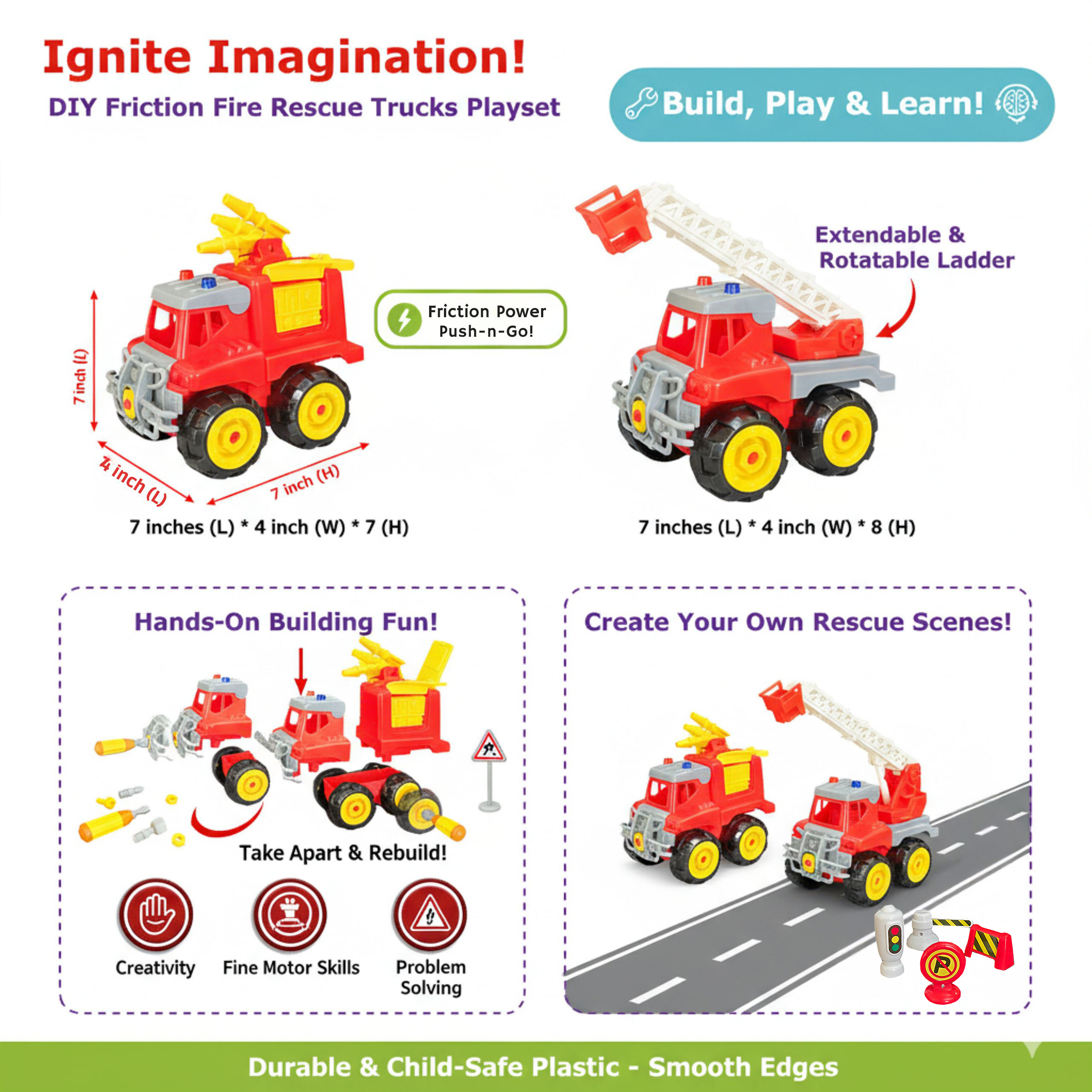 STEM DIY Fire Rescue Truck Building Kit (2 Vehicles) with Screwdriver, Traffic Signs & Moving Parts – Friction-Powered Take Apart Toy for Kids 3+