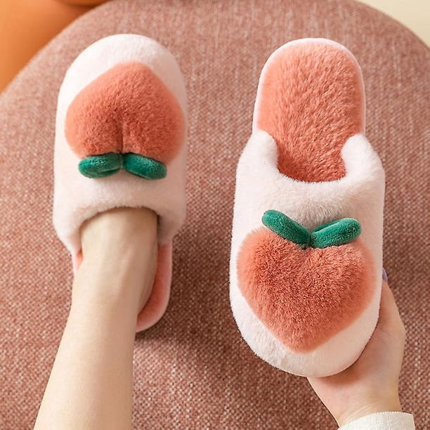Zapatillas para el hogar melocotón chinelos, chanclas para mujer, piel de dibujos animados, invierno, cálido, antideslizante, zapatos kawaii