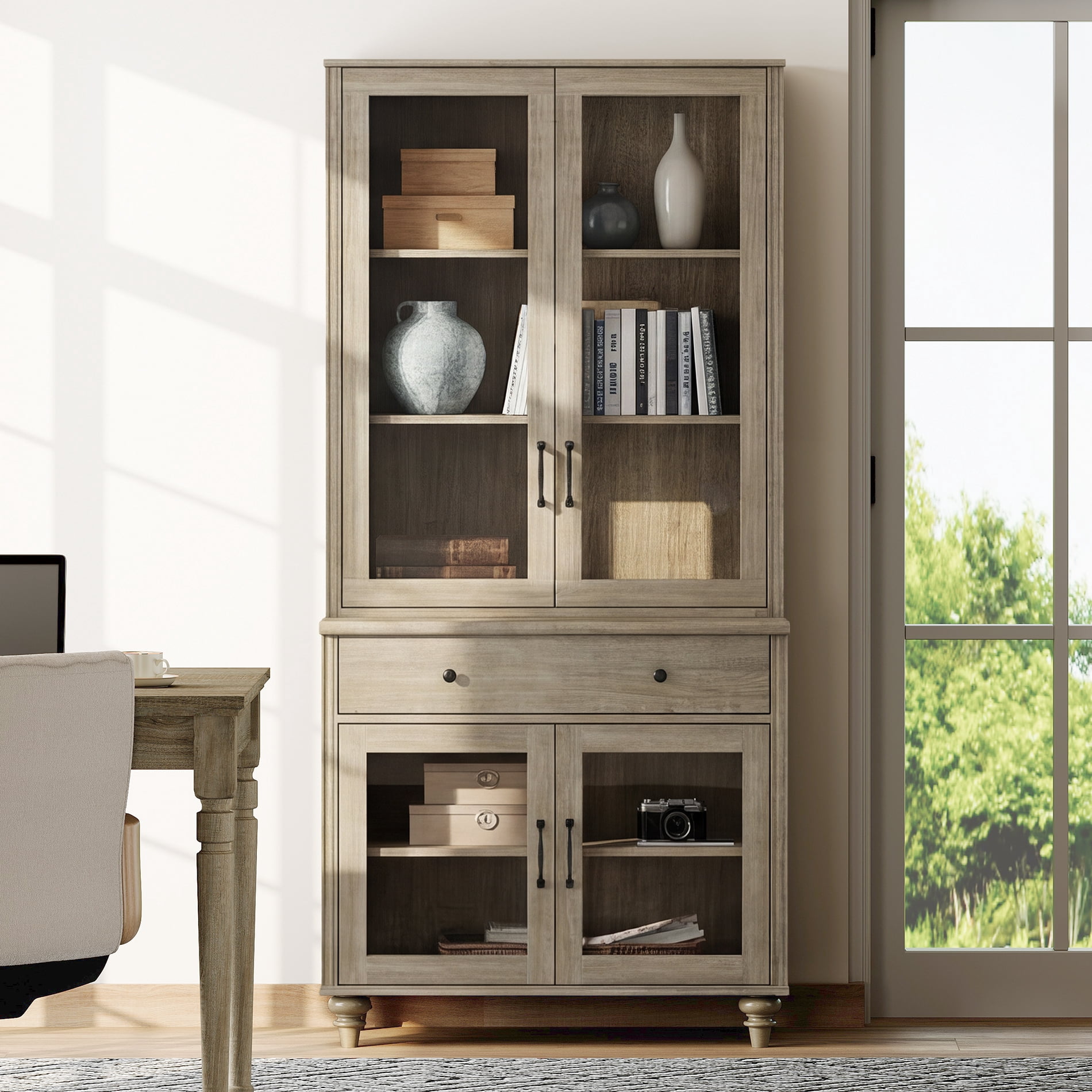 72.1"H × 33.9"W Farmhouse Wooden Bookcase with Glass Doors and Drawer, Large Storage Bookshelf for Living Room, Bedroom, Home Office & Kitchen, Wash Gray