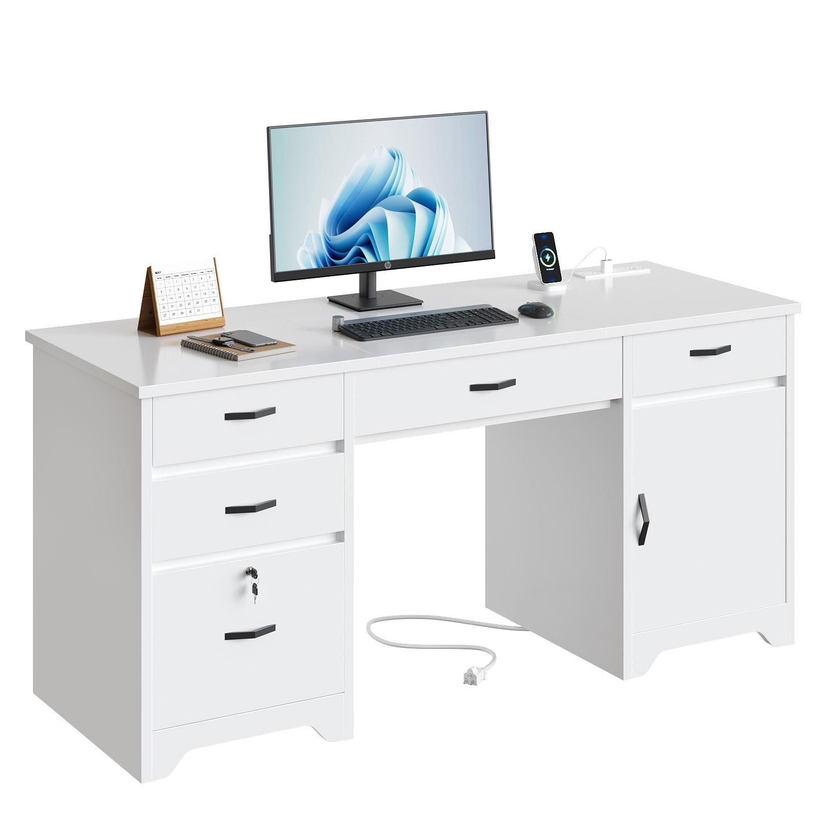 Bestier Computer Desk with 5 Drawers, 59'' Office Desk with Storage, Modern Executive Desk with File Drawers and Storage Cabinets, Charging station, Keyboard Tray, Suitable for Study& Bedrooms White