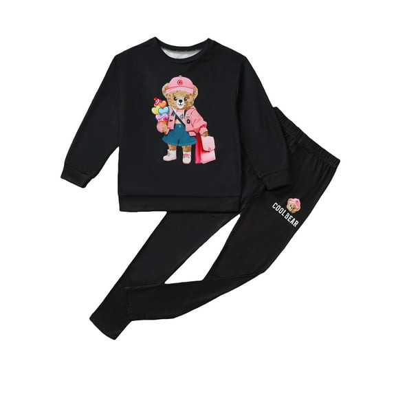 Kid Girls Big Girls Sweatshirt and Pants Set Spring Fall Bear Jogger Pants Outfit Suit 8-12