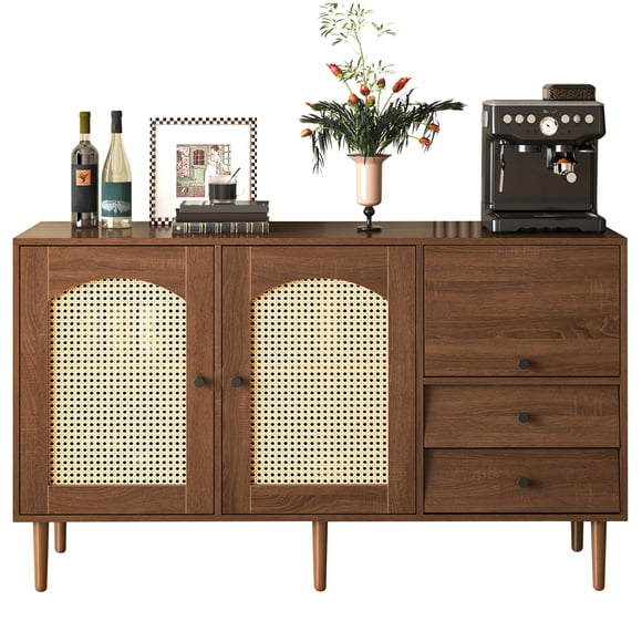 Country Style Sideboard with Rattan Doors - 51” Wood Tone Storage Cabinet | Adjustable Shelves & Magnetic Closure for Living Room & Dining Area