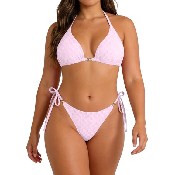 Hduncf Women's 2 Piece Textured Bikini Sets Plus Size Tie Side Halter Triangle Bathing Suits Cheeky Thong Swimsuits Pink 0XL