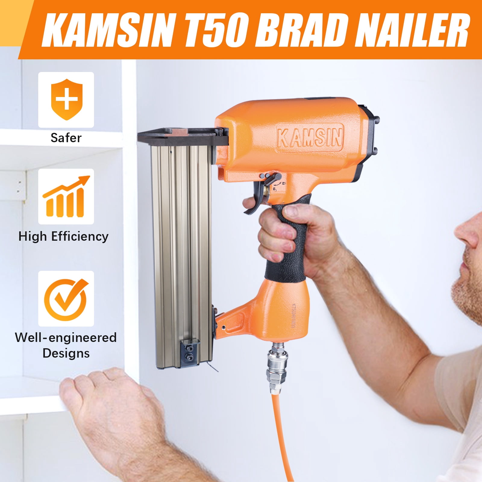 KAMSIN T50 16 Gauge Pneumatic Finish Nailer - 5/8-inch to 2-inch (15-50mm) Brad Nails, Air Power Brad Nail Gun, applicable to woodworking, carpentry, upholstery
