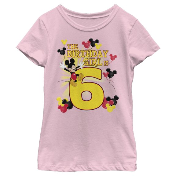 Girl's Mickey & Friends Mickey Mouse The Birthday Girl is 6  Graphic Tee Light Pink Medium