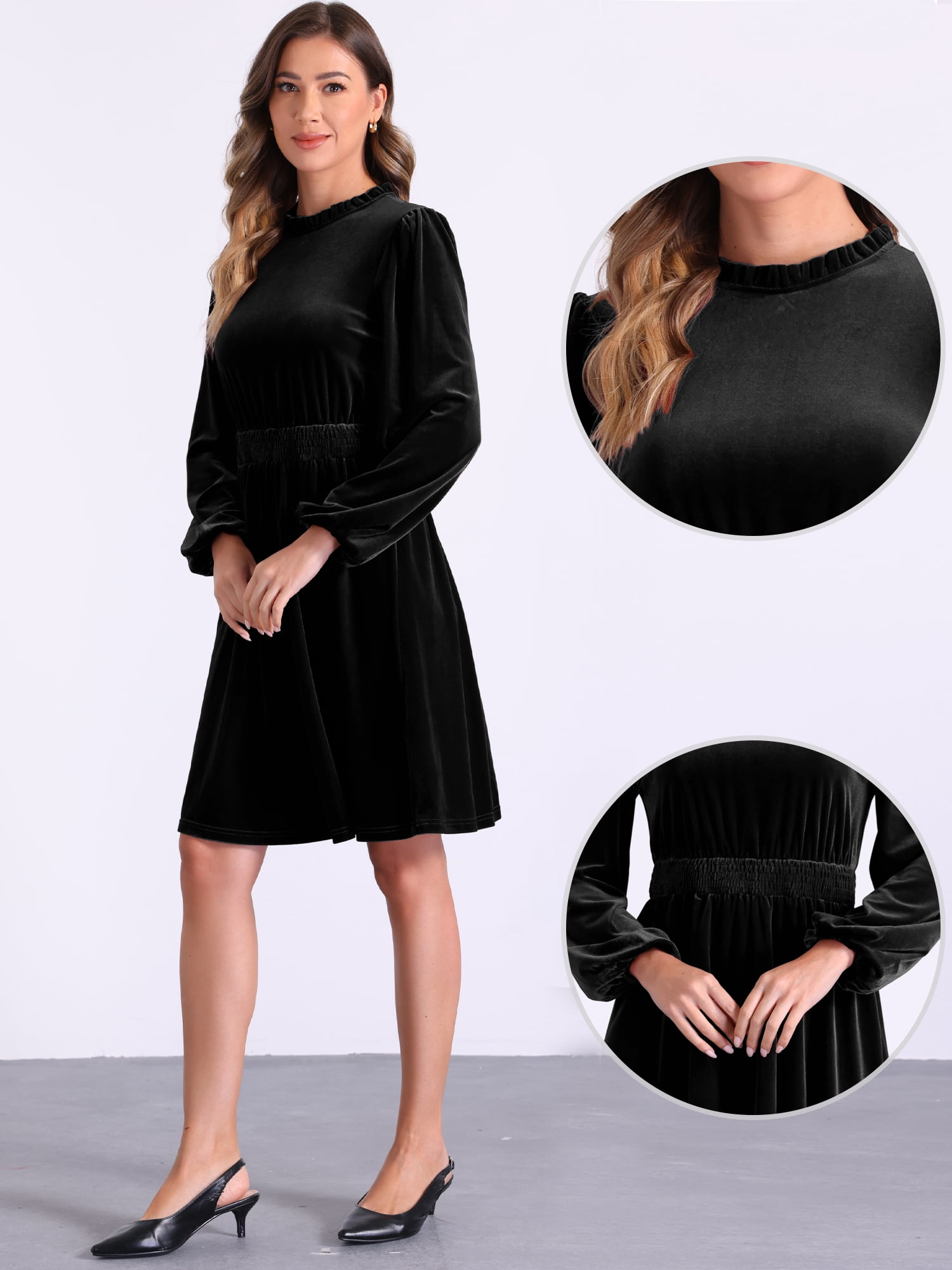 DARING DIVA Velvet Smocked Waistline Wedding Guest Dress L Black