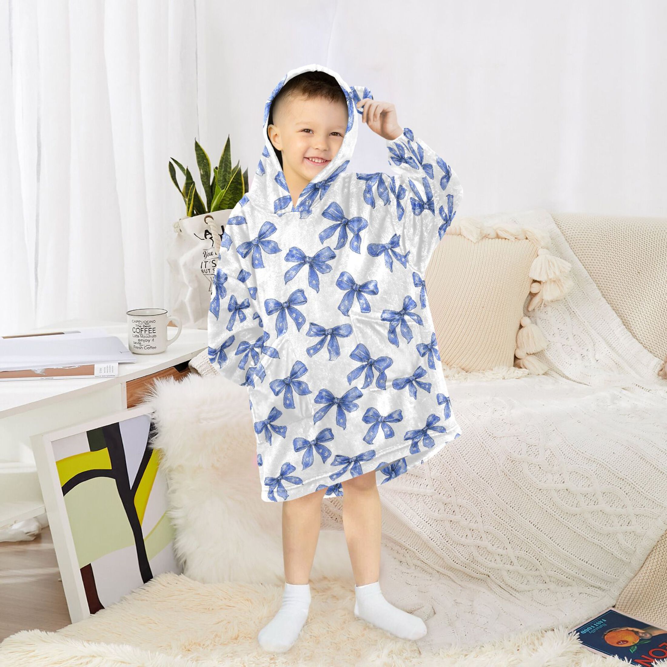 Wearable Blanket Hoodie for Kids Blue Bow Art Flannel Hooded Blanket with Pockets and Sleeves Suitable for Boys and Girls