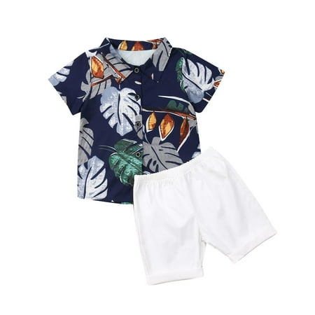 

COUTEXYI Toddler Baby Boys Clothes Hawaii Print Shirt + Solid Color Short Pants