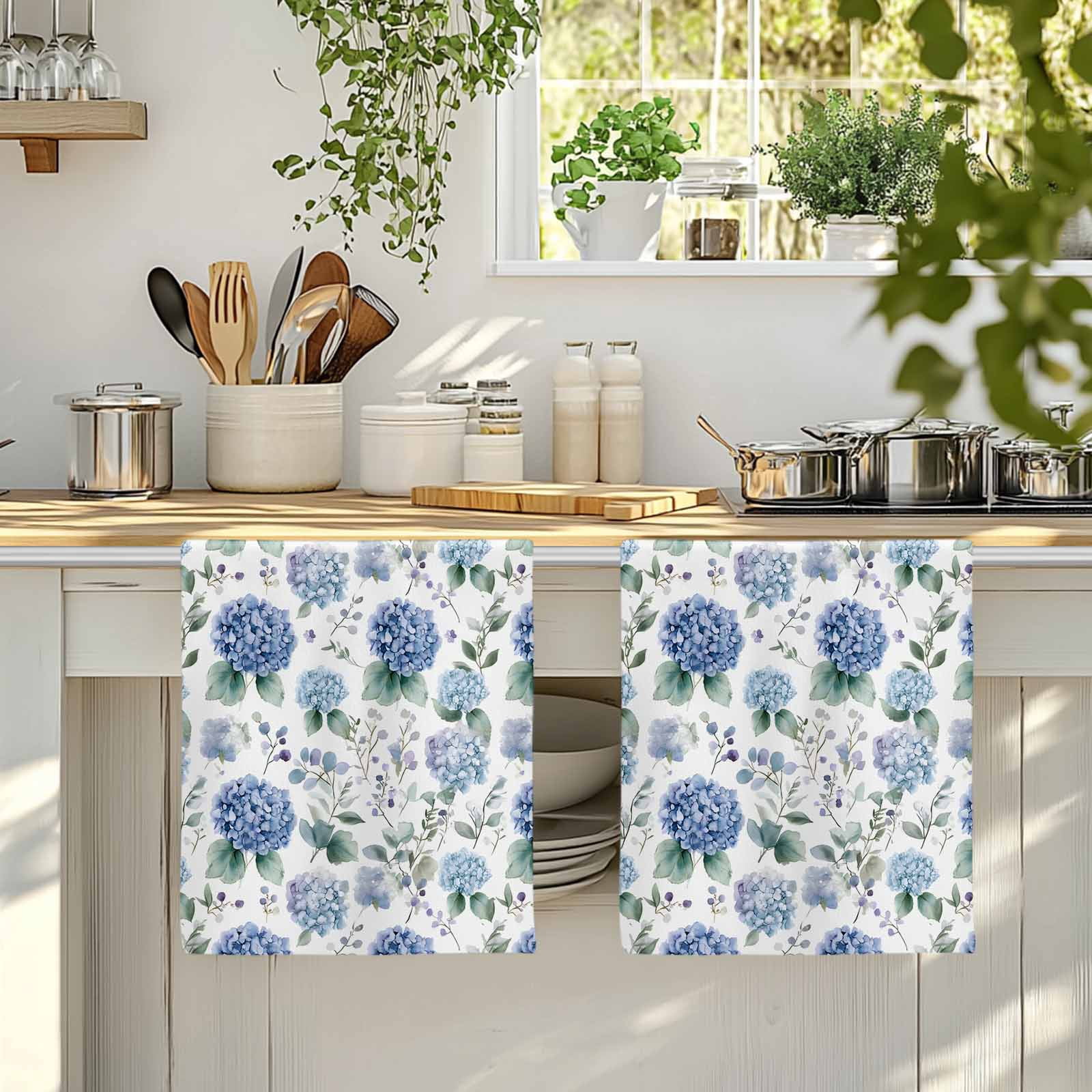 Blue Spring Floral Kitchen Towels Set of 2, Watercolor Botanical Elegant Soft Microfiber Dish Towels, Absorbent Quick-Dry Washable Dishcloths for Kitchen Cleaning, Drying Dishes, 18x28 Inches